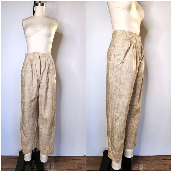 Vintage RAW SILK Beige Pants - High Waisted Pants Cigarette Ankle Trousers M - Picture 1 of 8